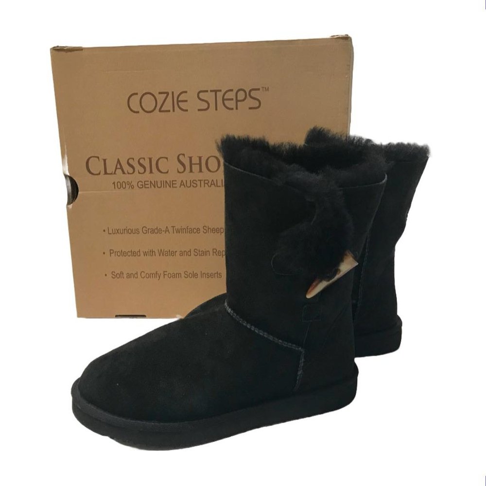 COZIE STEPS Toggle Boots 100% GENUINE AUSTRALIAN SHEEPSKIN Black Short Boot 10M